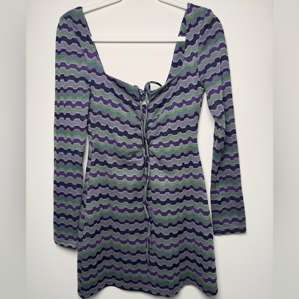 ZARA Retro Wave Knit Mini Dress – Green Purple – S – NWT